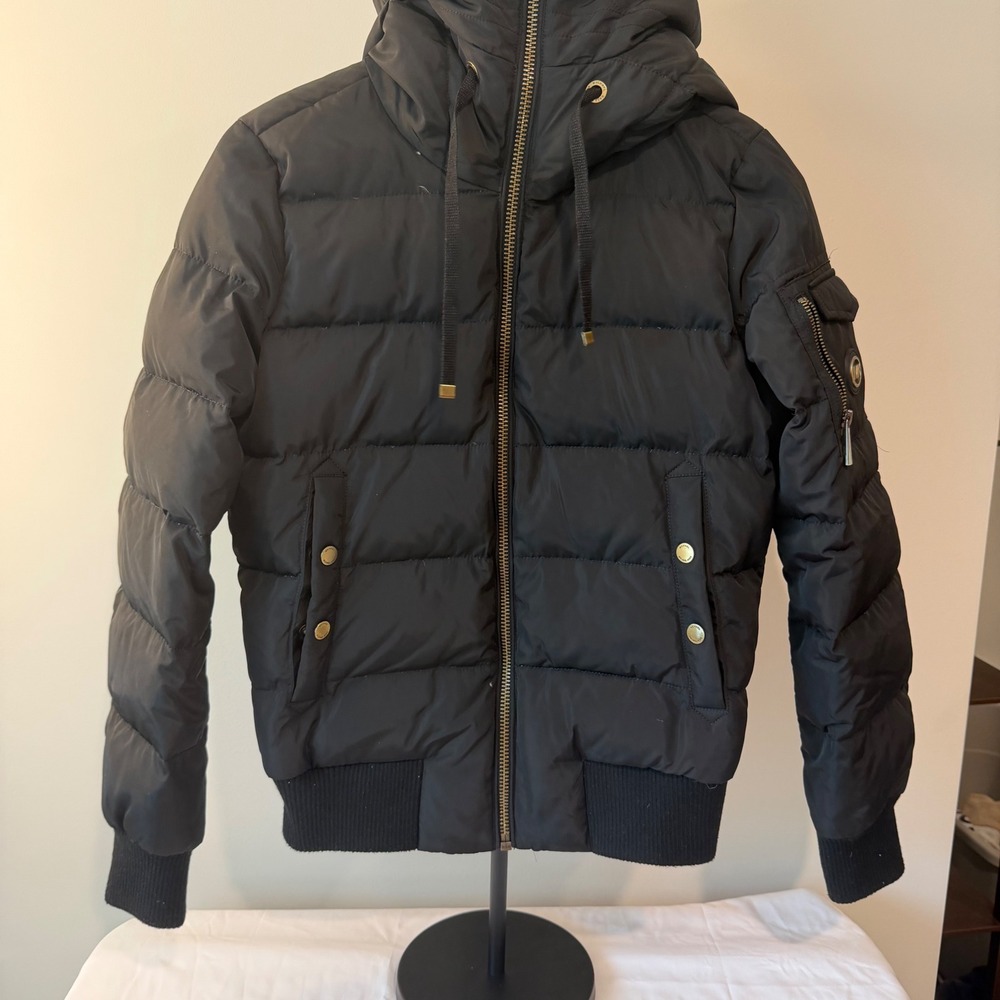 Michael Michael Kors Womens Black Down Puffer Jacket Hooded Gold Zip XS